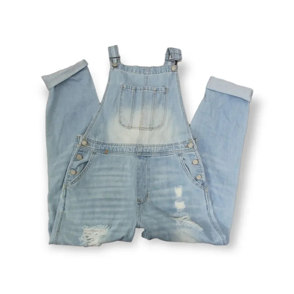 Tricot stretch distressed holey girlfriend overalls size small